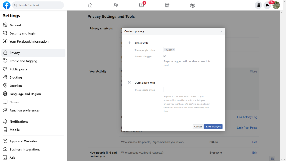 Custom Facebook privacy settings